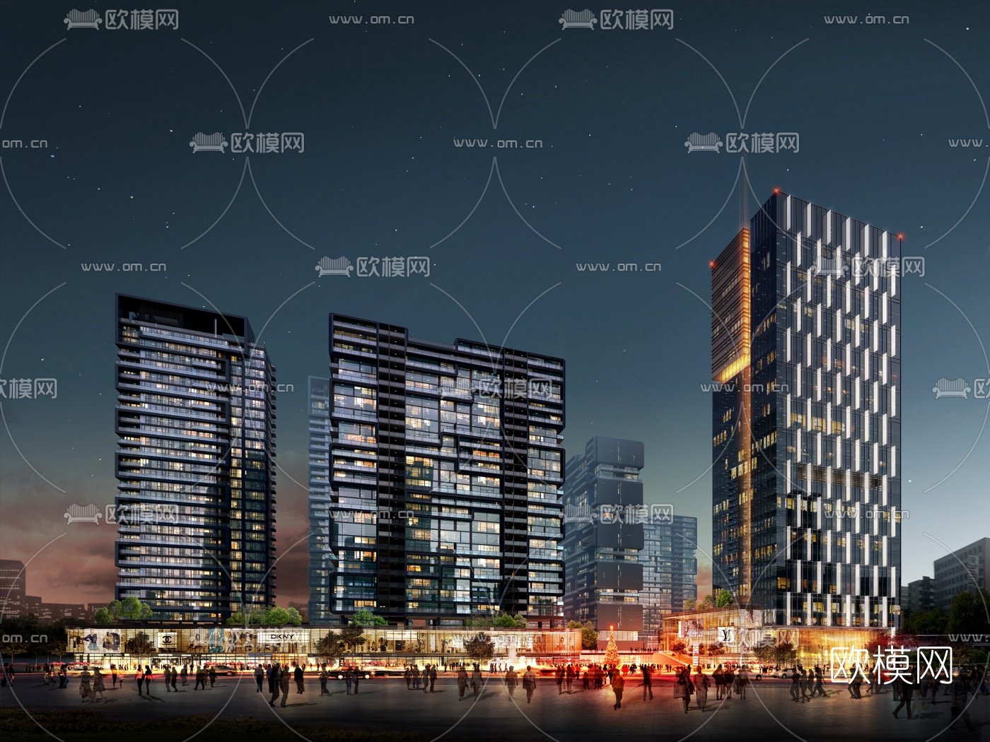 现代商业综合体建筑外观夜景3d模型下载