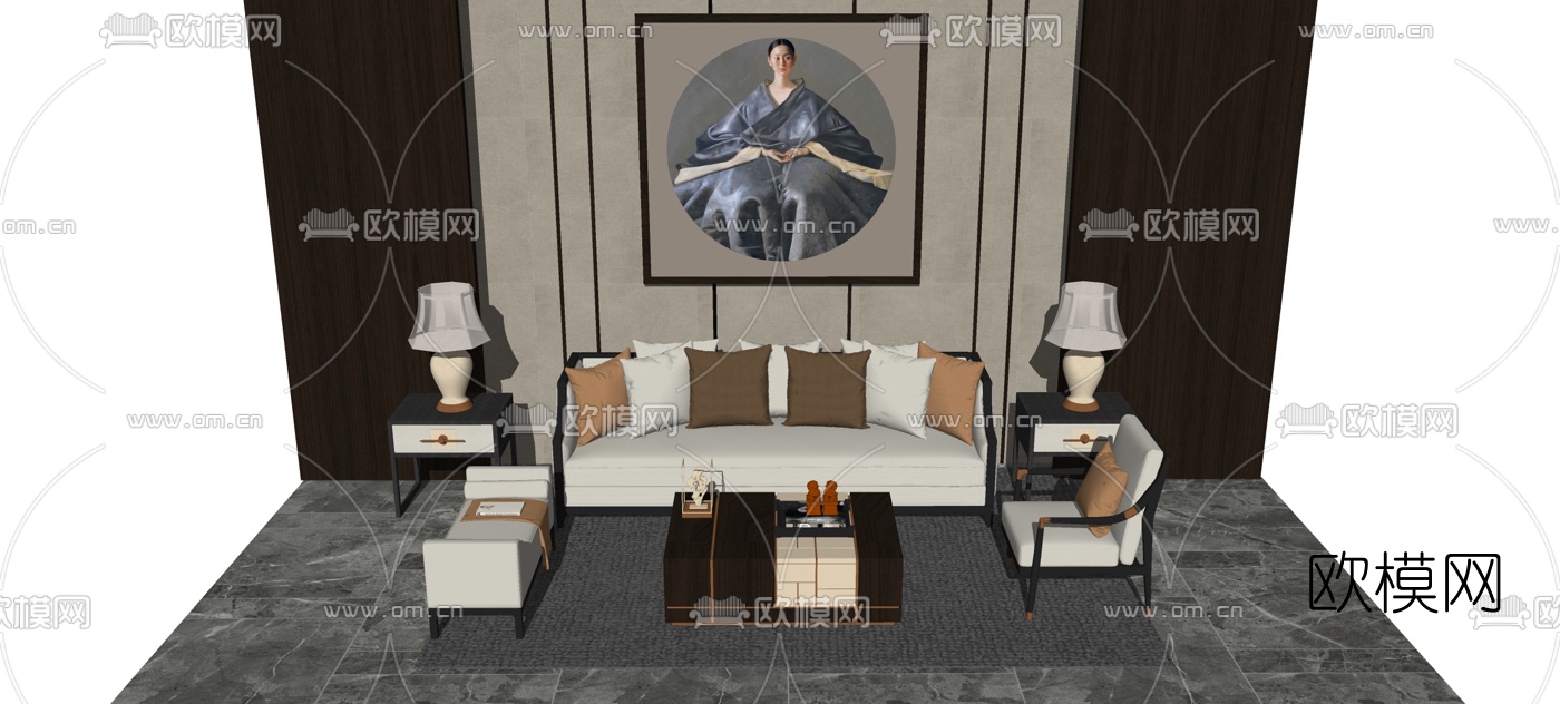 新中式沙发组合su模型下载（渲染图2）