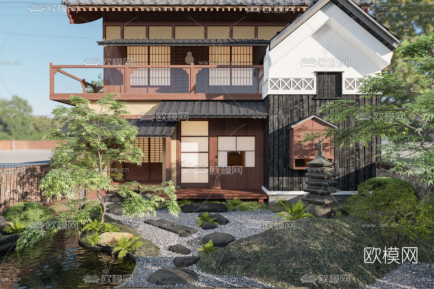日式民宿建筑外观3d模型下载（渲染图1）