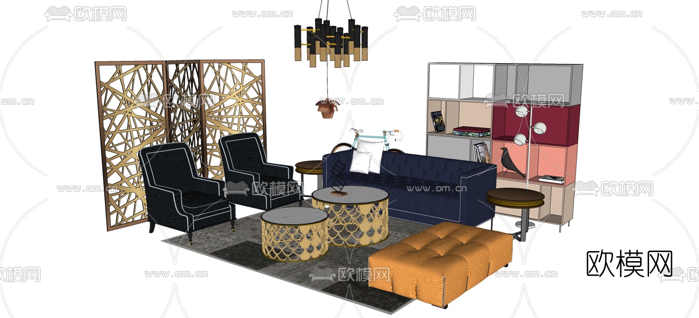 法式沙发组合su模型下载（渲染图2）