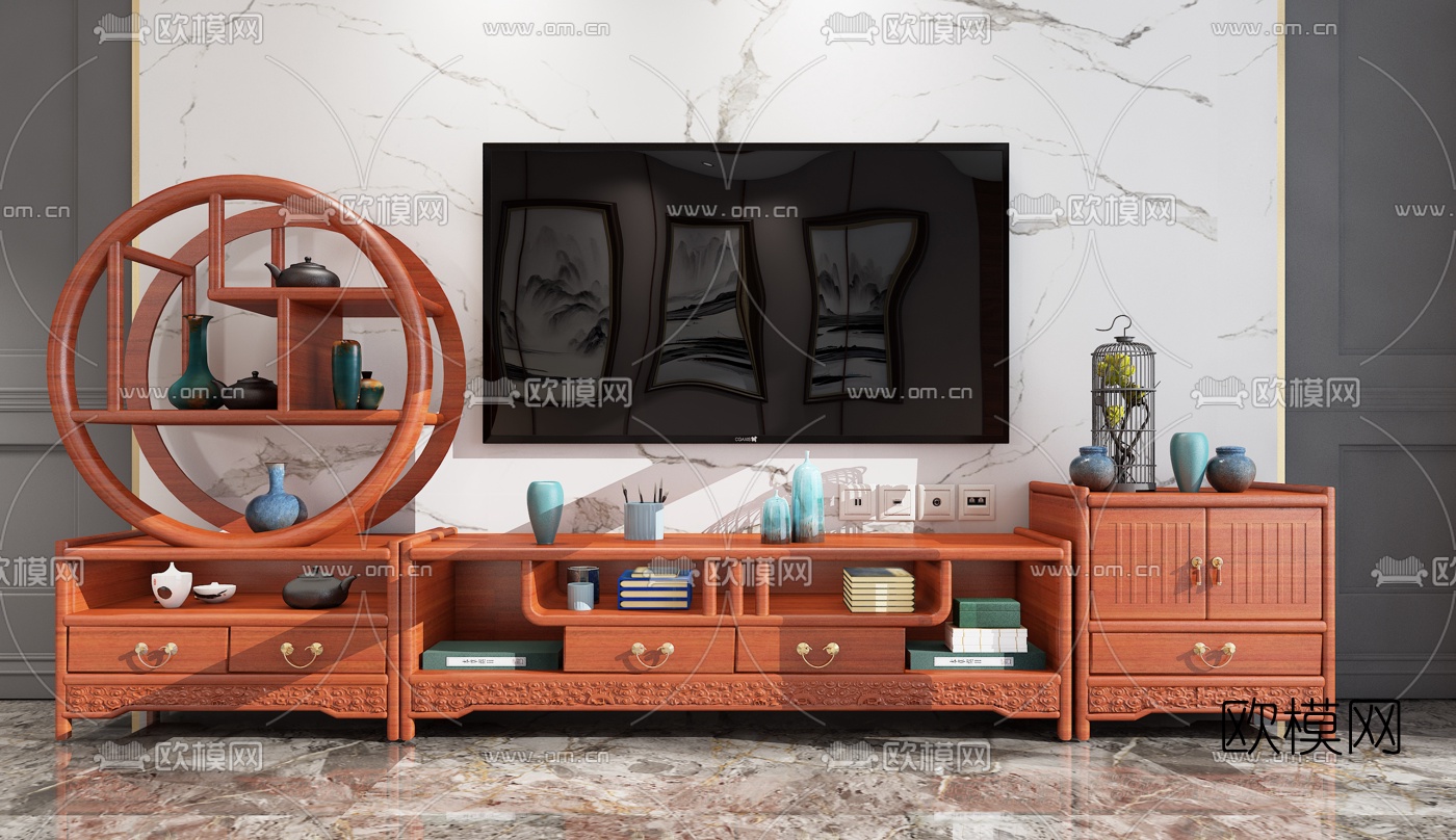 新中式实木电视柜组合3d模型下载