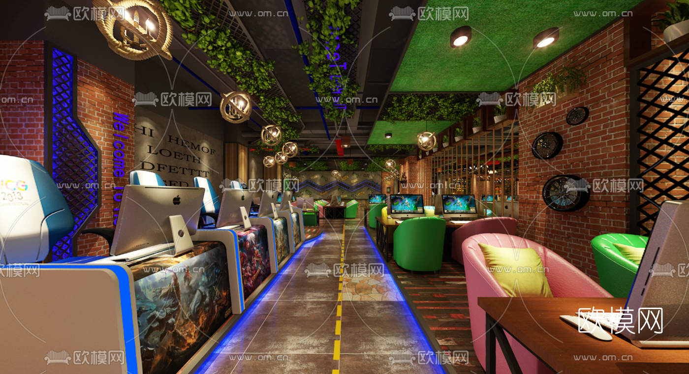 工业风网咖全景3d模型