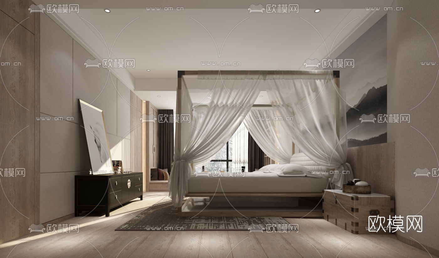 中式酒店客房单人间3D模型下载