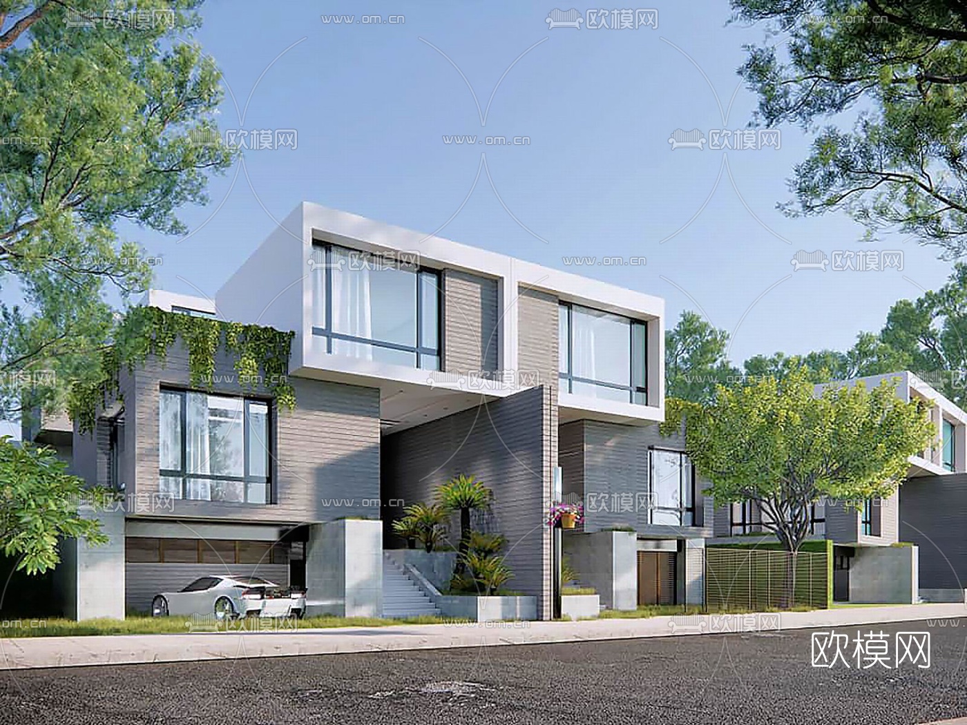 现代独栋别墅外观su模型下载（渲染图1）