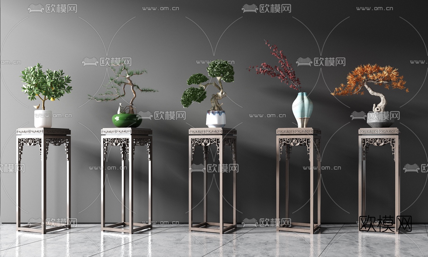 新中式花架盆栽盆景su模型下载（渲染图1）