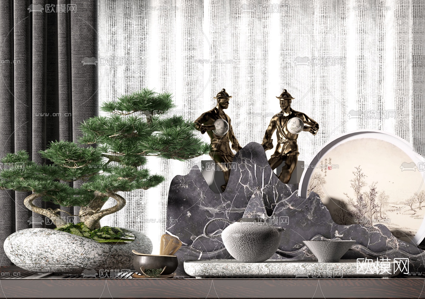 新中式茶具绿植盆景3d模型