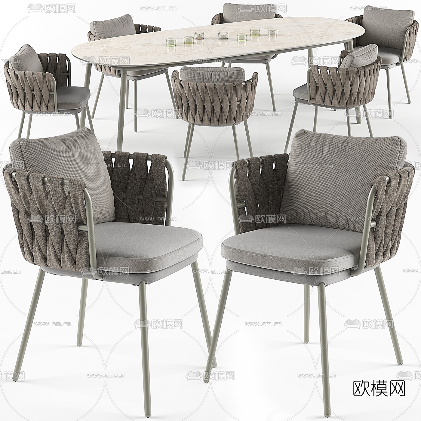 现代椭圆餐桌椅3D模型