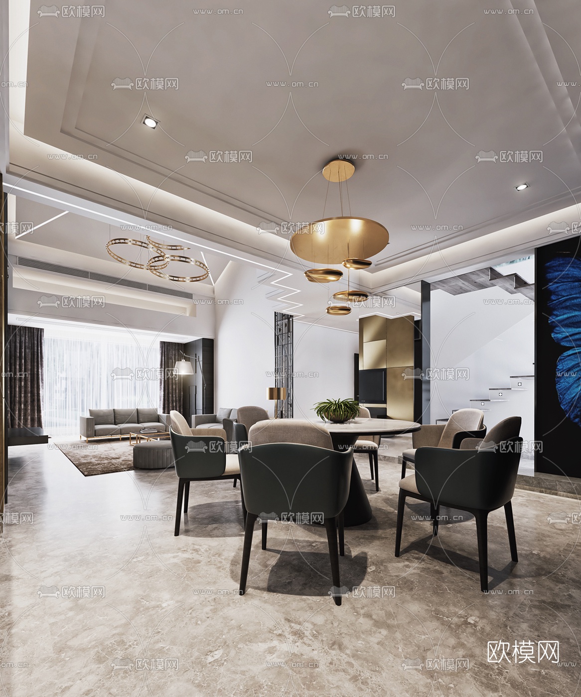 现代别墅客厅餐厅书房3D模型下载（渲染图3）