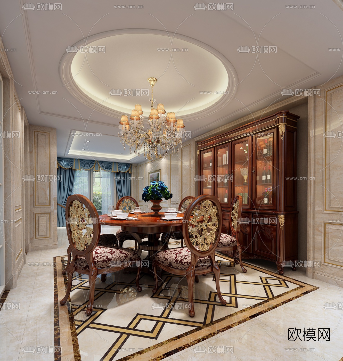 欧式别墅客厅餐厅组合3D模型下载（渲染图4）