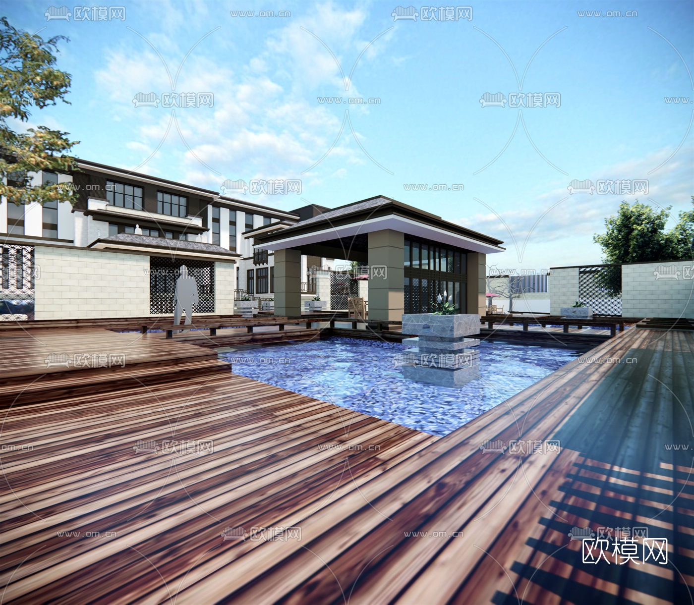 新中式独栋别墅su模型下载（渲染图1）