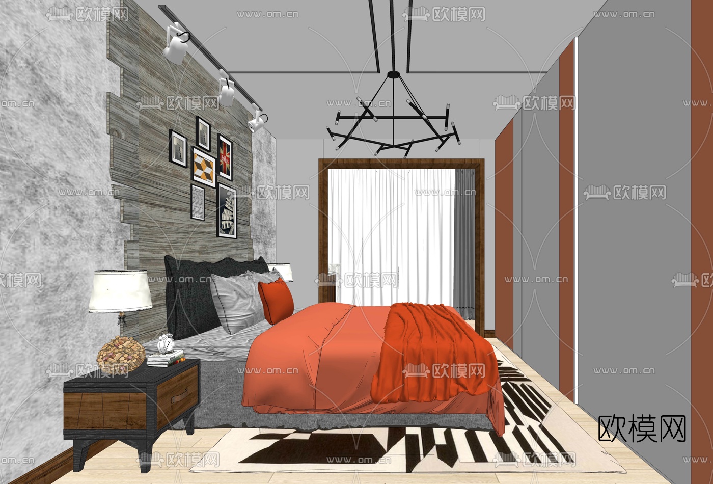 北欧简约卧室su模型下载