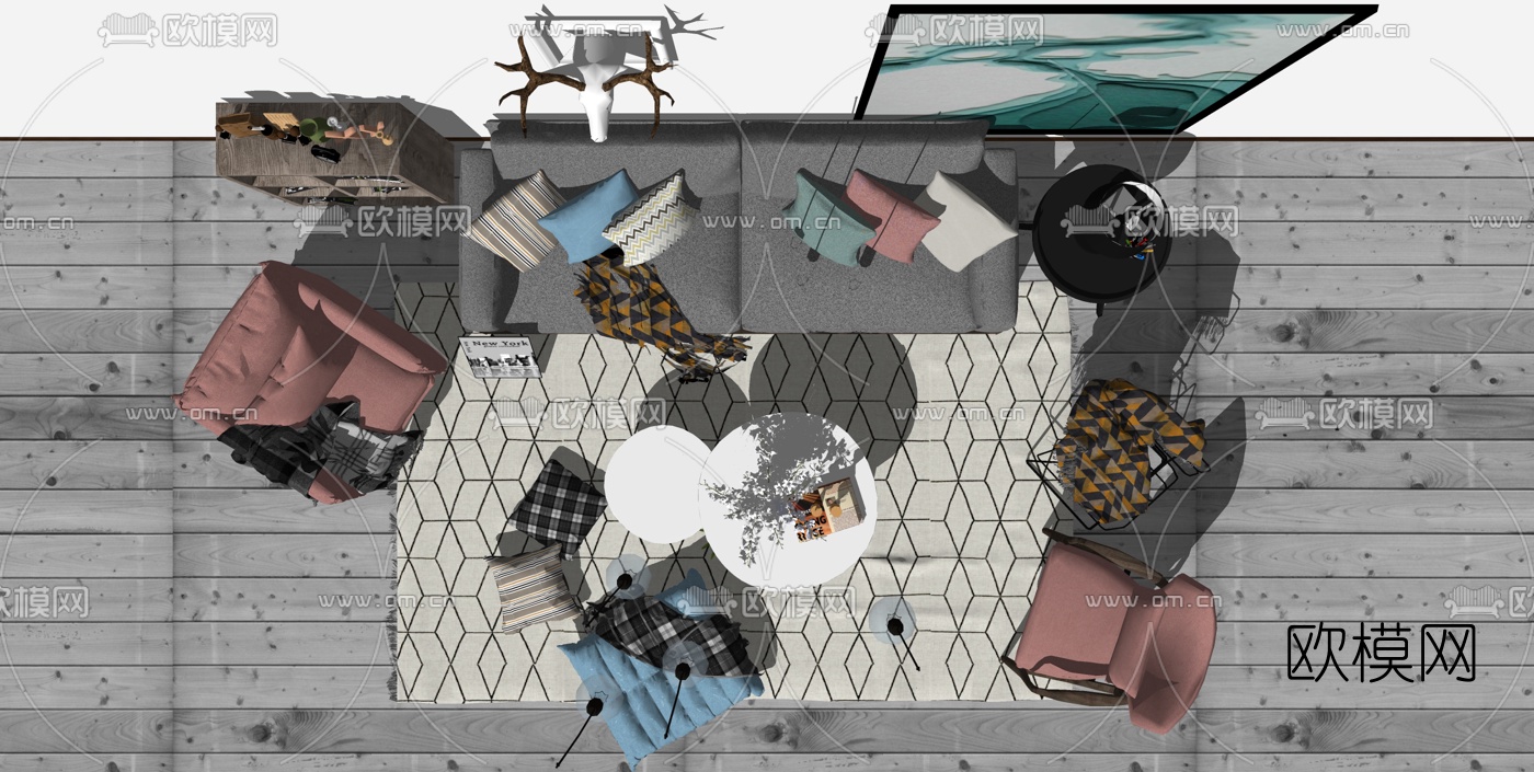 北欧布艺沙发组合su模型下载（渲染图3）