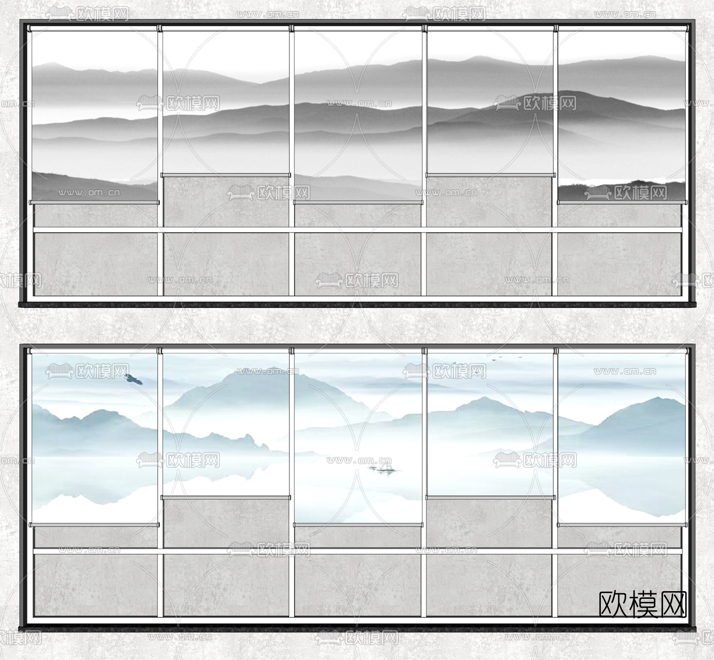 新中式山水窗帘su模型