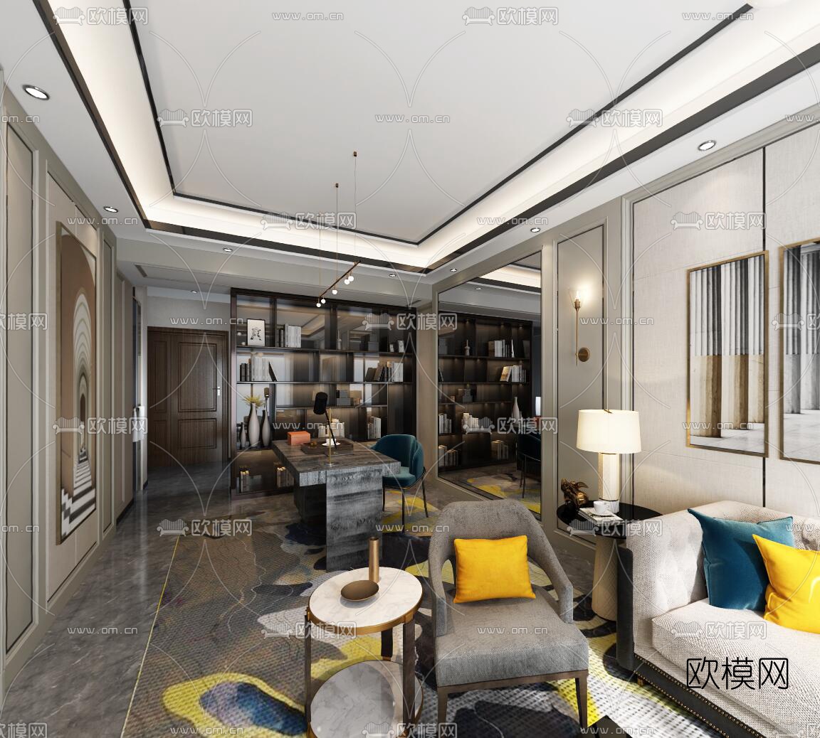 现代轻奢客厅书房全景3d模型-免费3dmax模型库-欧模网