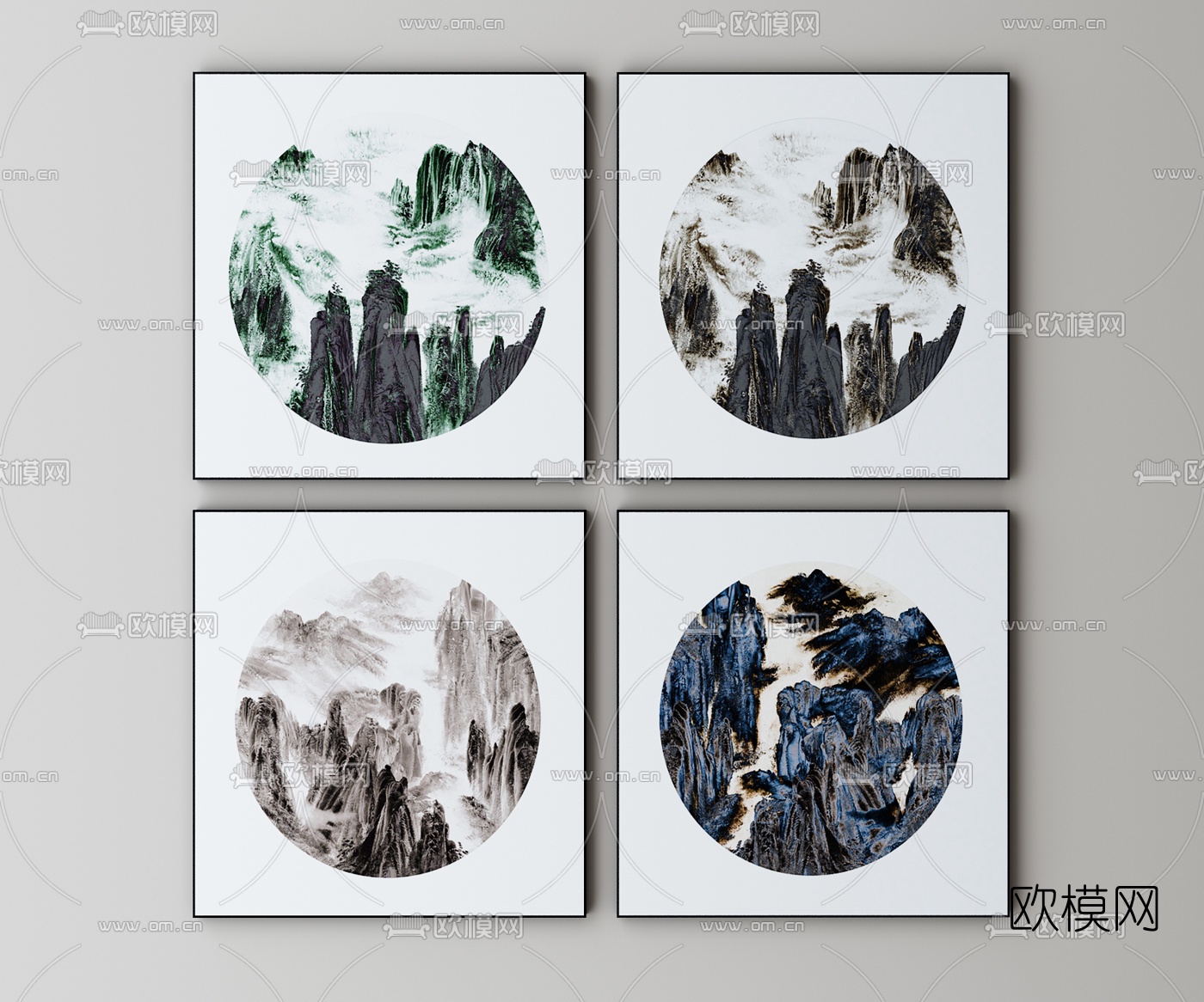 新中式水墨山水挂画3d模型