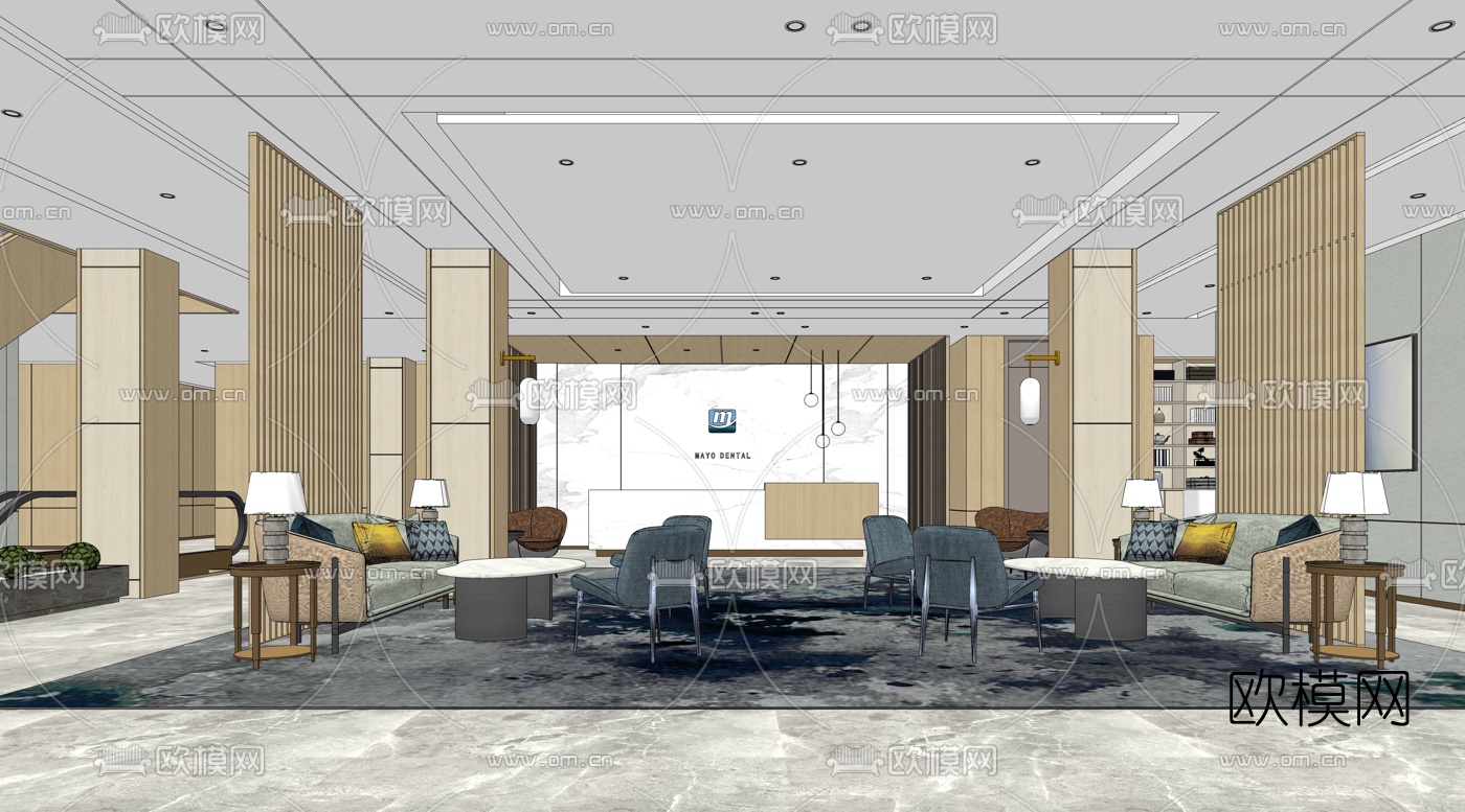 现代前台接待室su模型下载