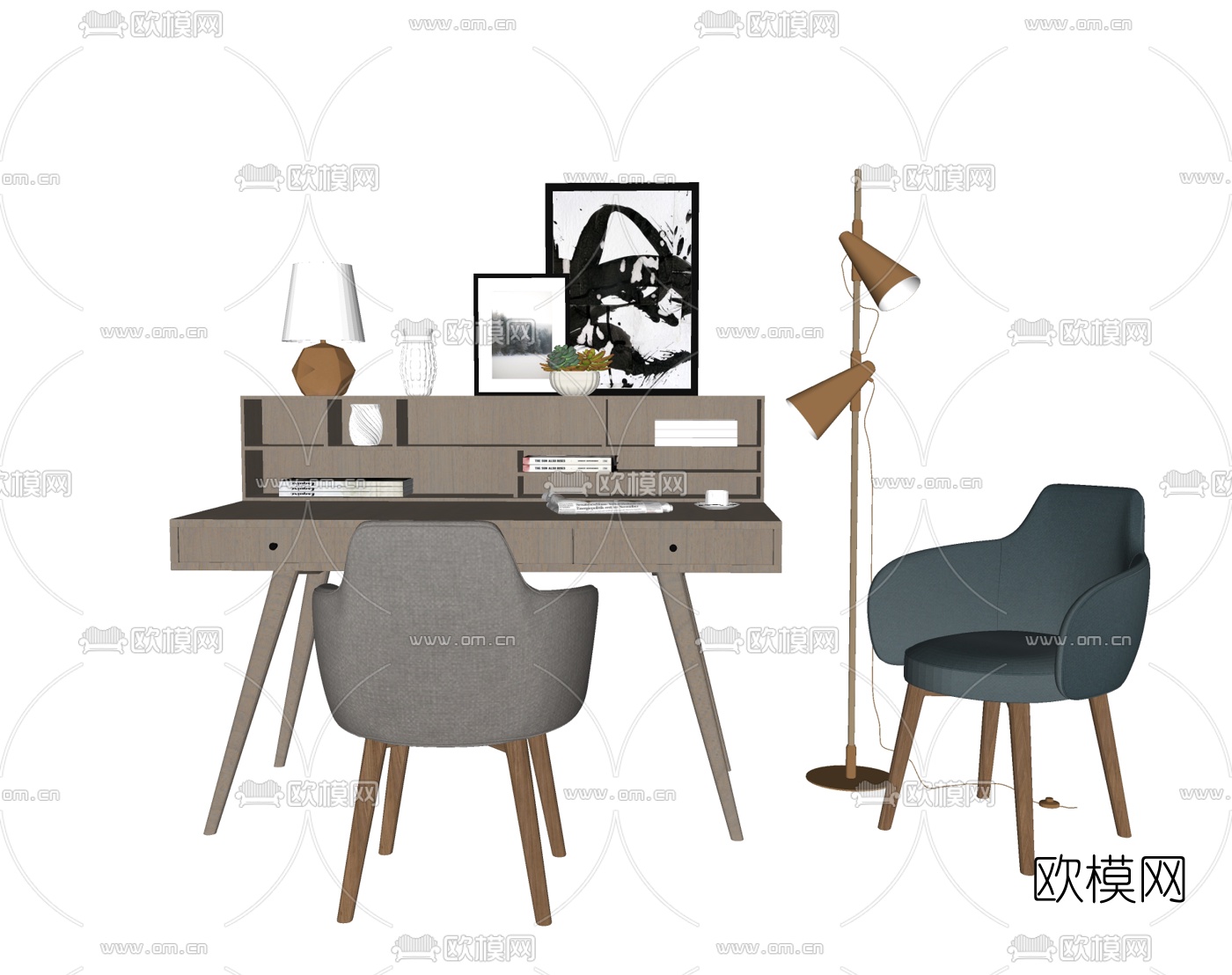 北欧书桌椅组合su模型下载