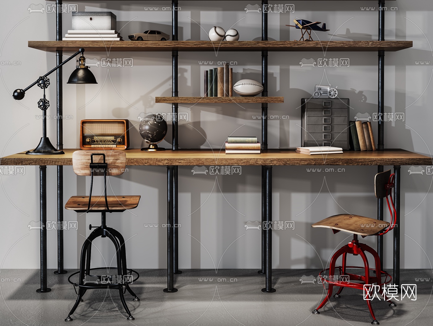 工业风书桌椅书架3d模型下载（渲染图1）