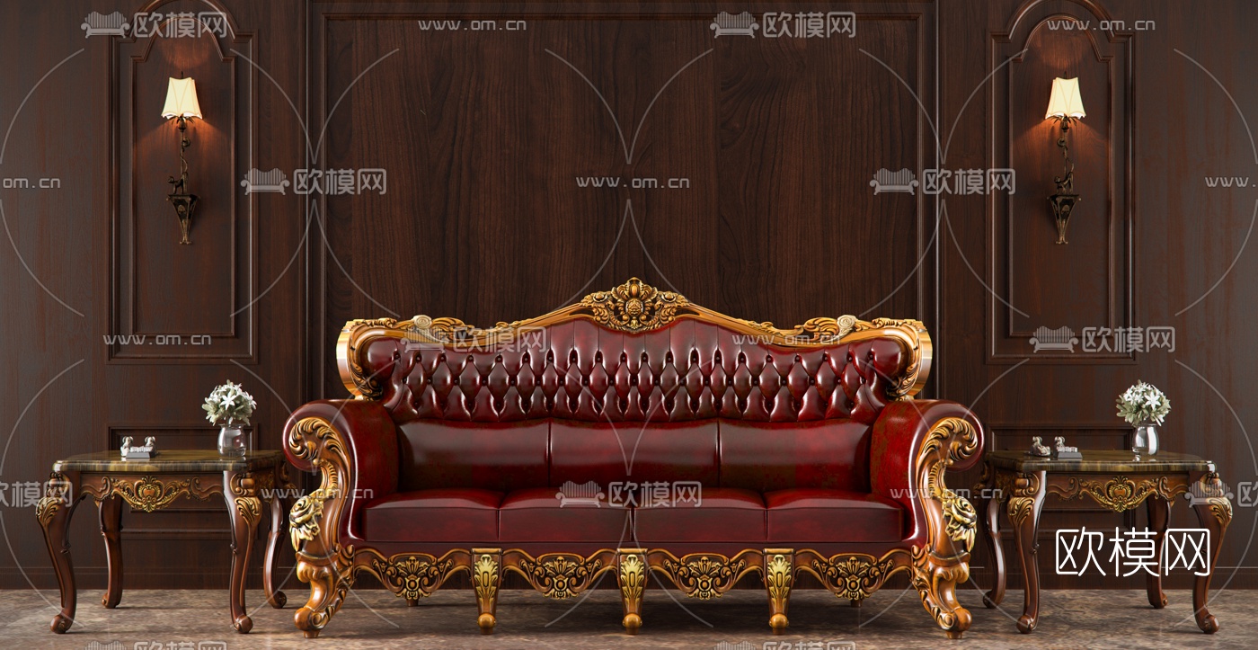 欧式皮革多人沙发3D模型下载