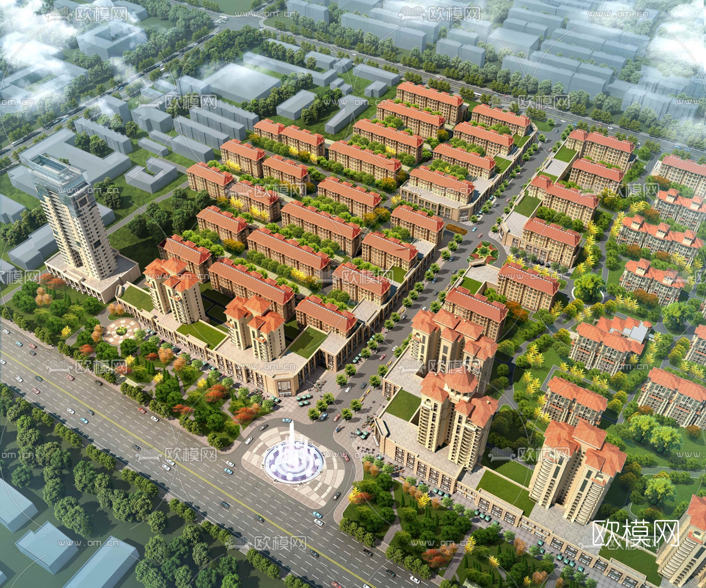 现代住宅小区鸟瞰规划3d模型
