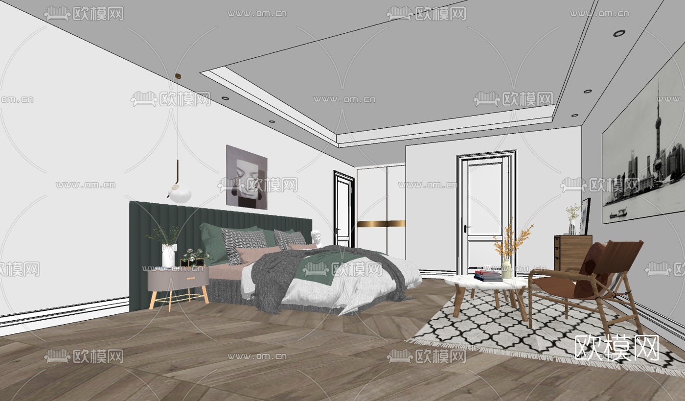 北欧卧室主人房su模型下载（渲染图2）