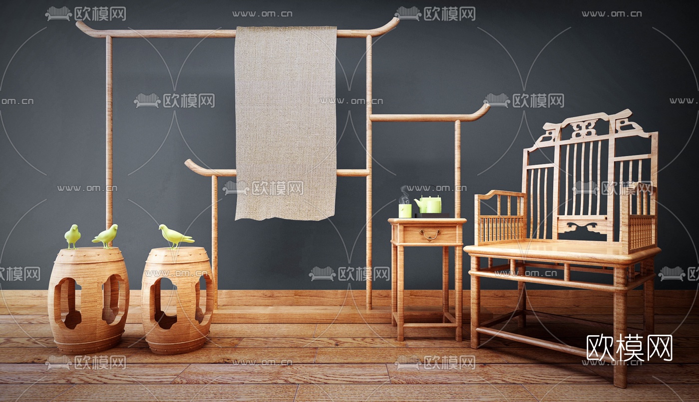 中式实木单椅衣架角几组合3D模型下载