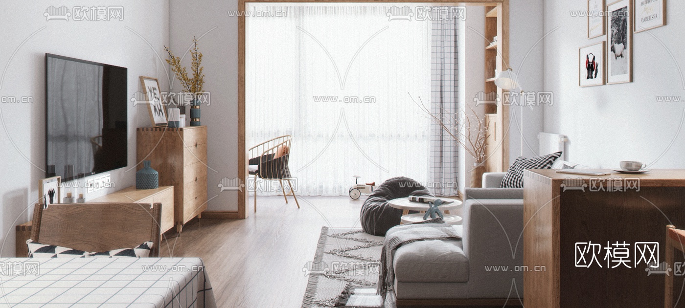 日式客厅餐厅3d模型下载（渲染图4）