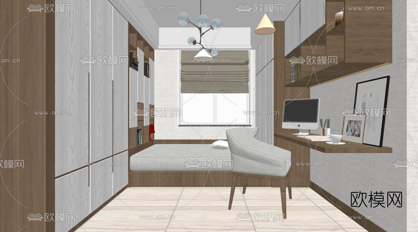 现代榻榻米书房su模型下载