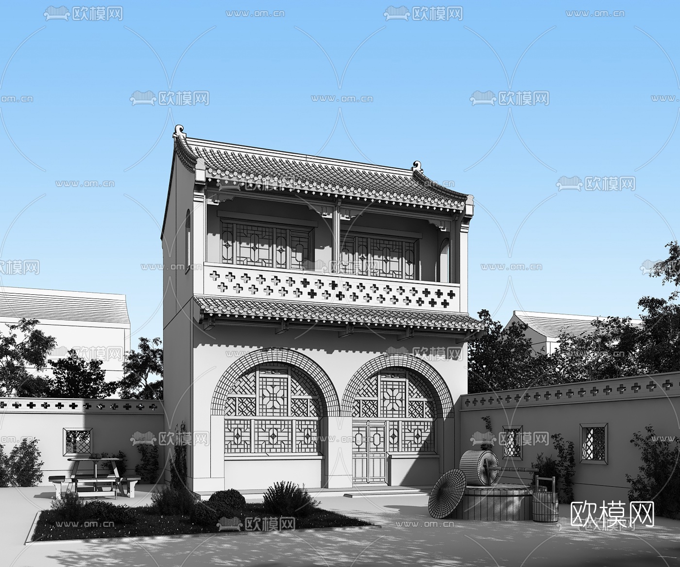 中式住宅外观3d模型下载（渲染图2）