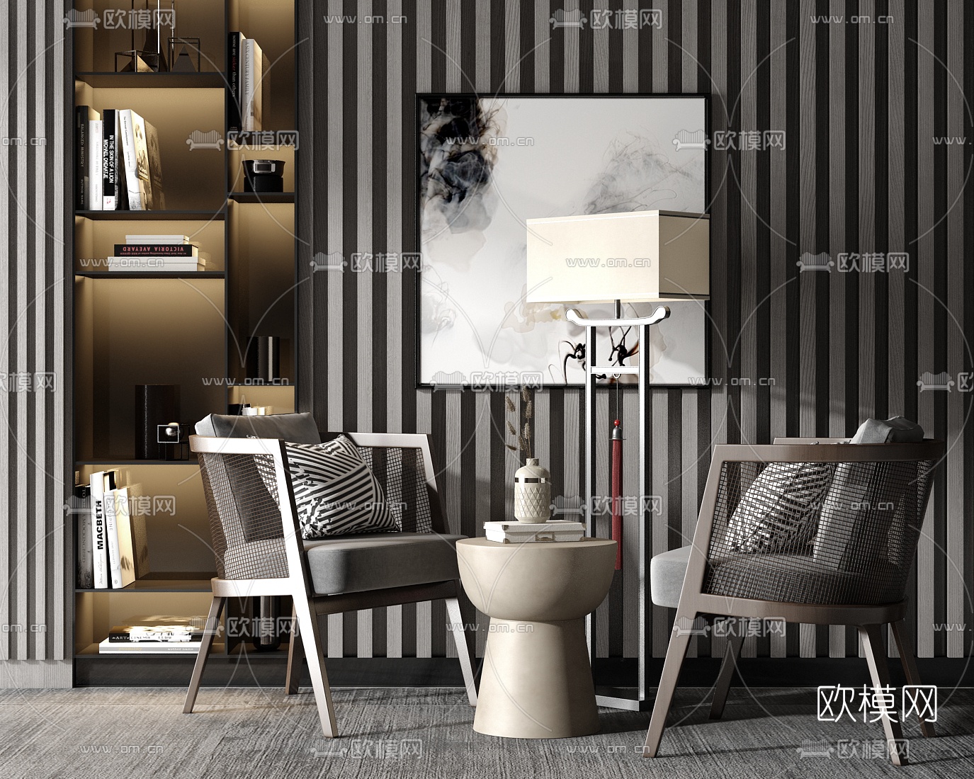 新中式实木休闲椅su模型下载（渲染图1）