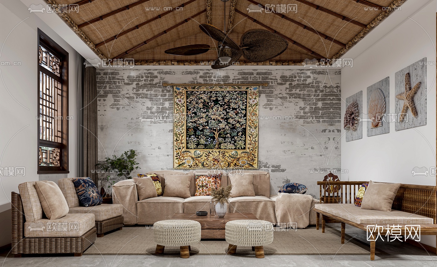 自然风民宿客餐厅3d模型下载（渲染图1）