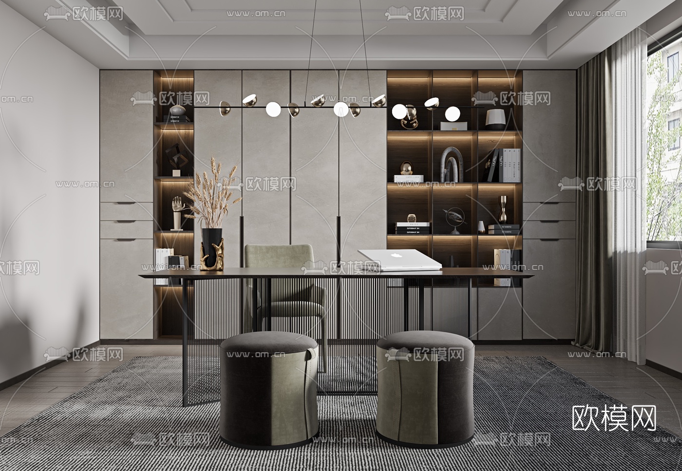 现代轻奢书房3d模型下载