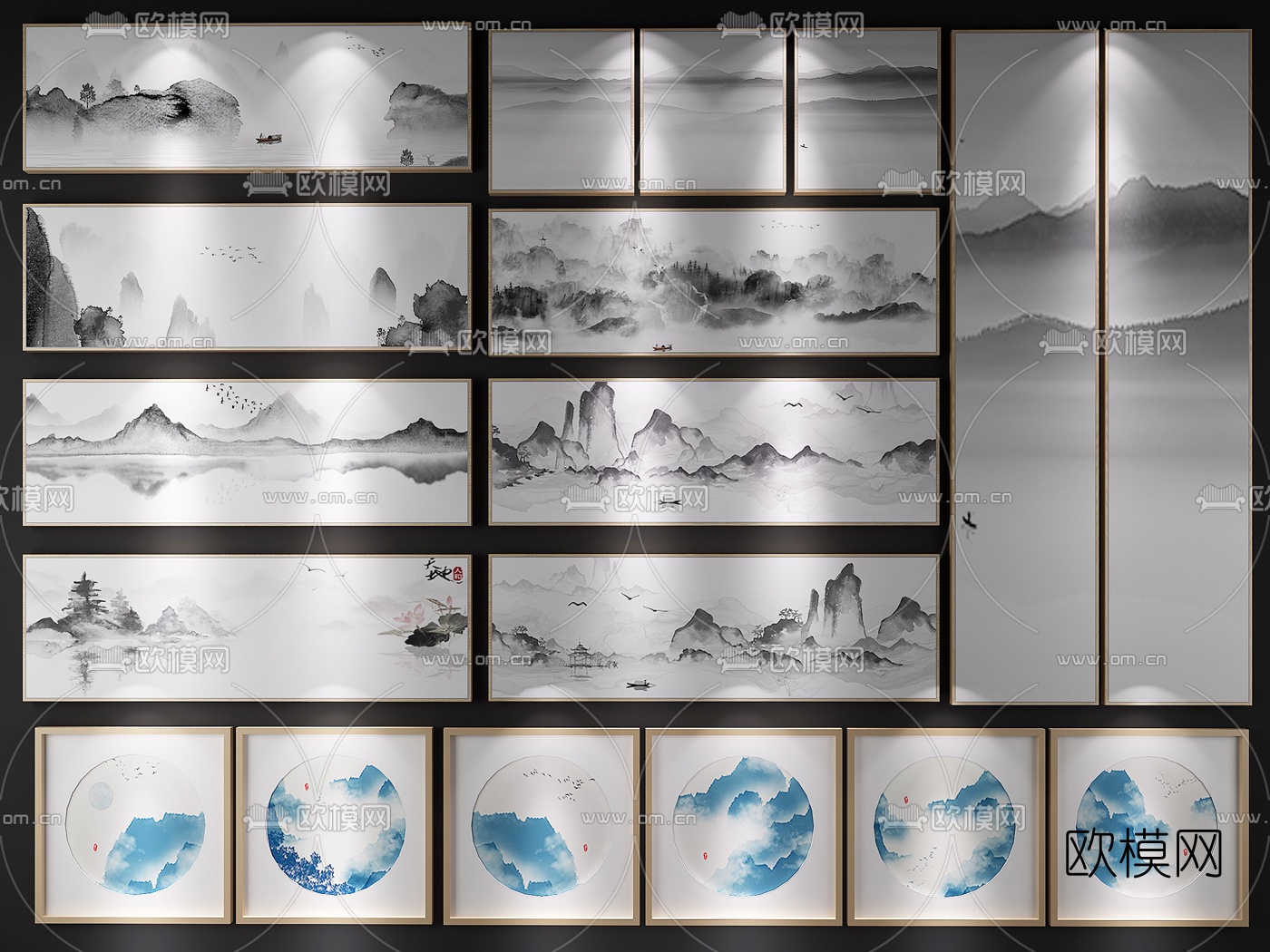 新中式水墨山水挂画3d模型