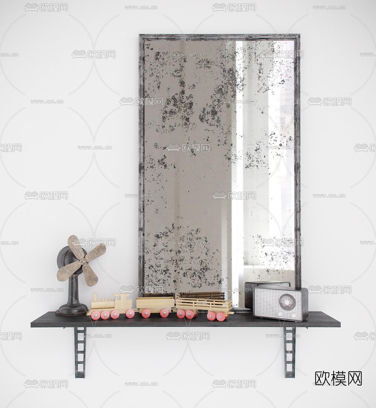 工业风复古镜子小风扇玩具小车陈设摆件3d模型