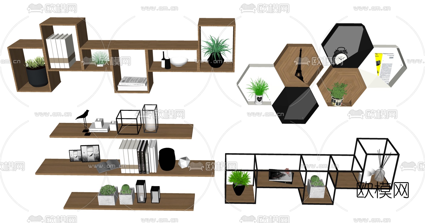 现代原木置物架搁板su模型下载（渲染图2）