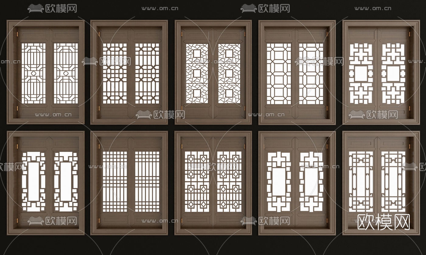 新中式實木花格窗3d模型