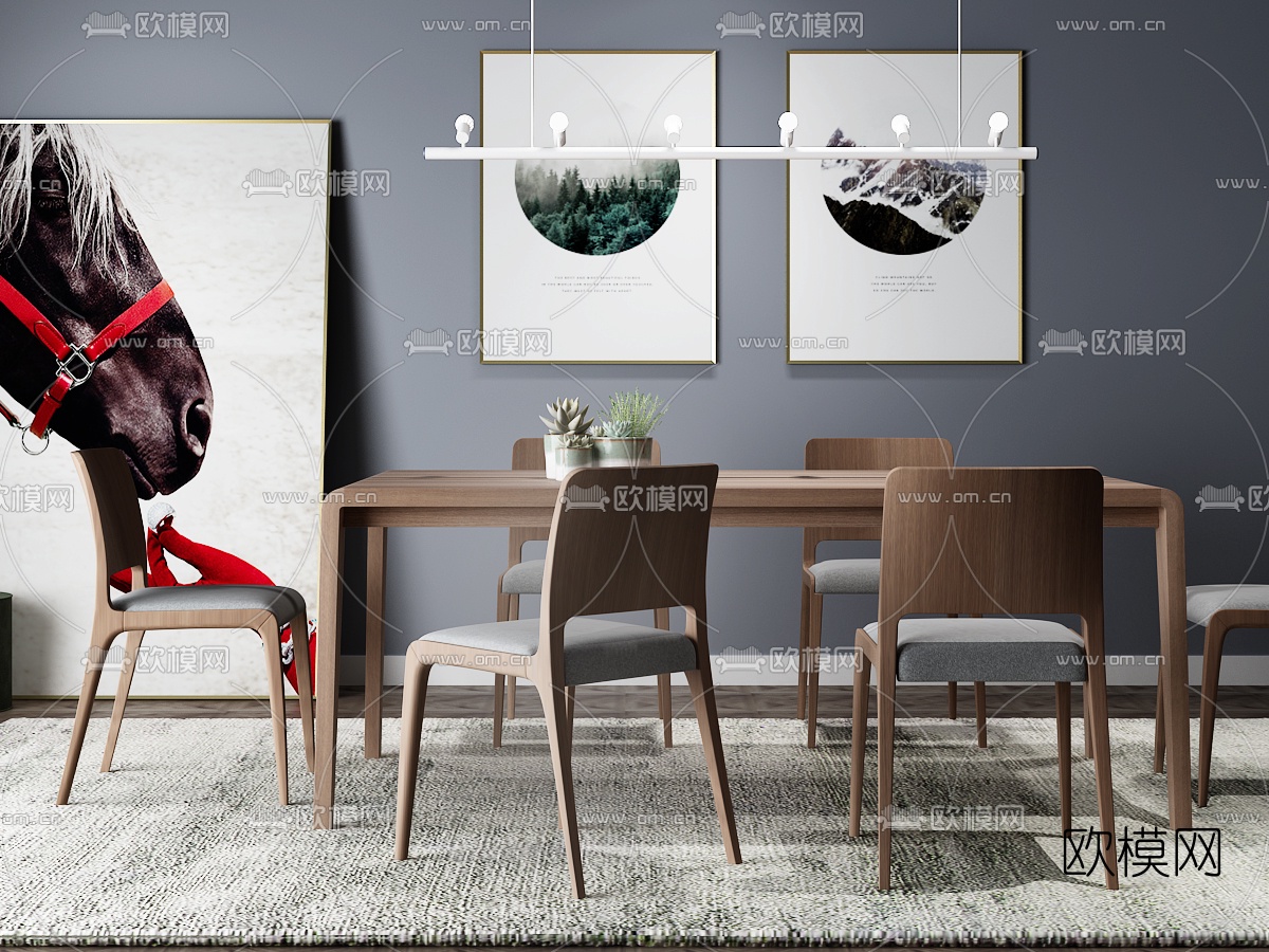 北欧餐桌椅吊灯组合3D模型下载