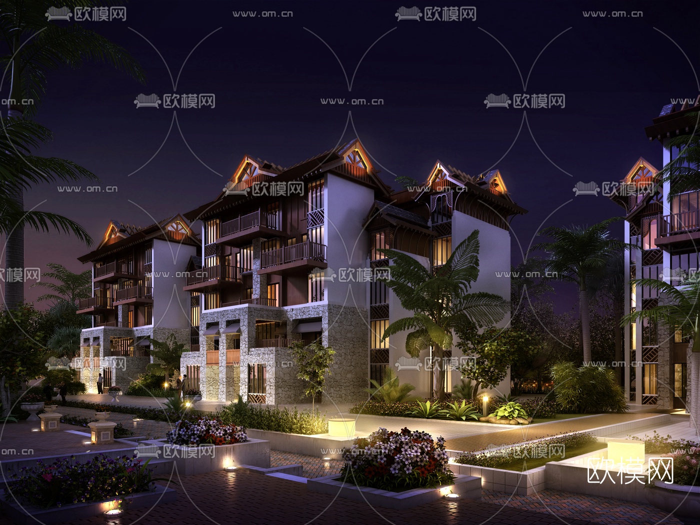 新中式别墅外观夜景3d模型