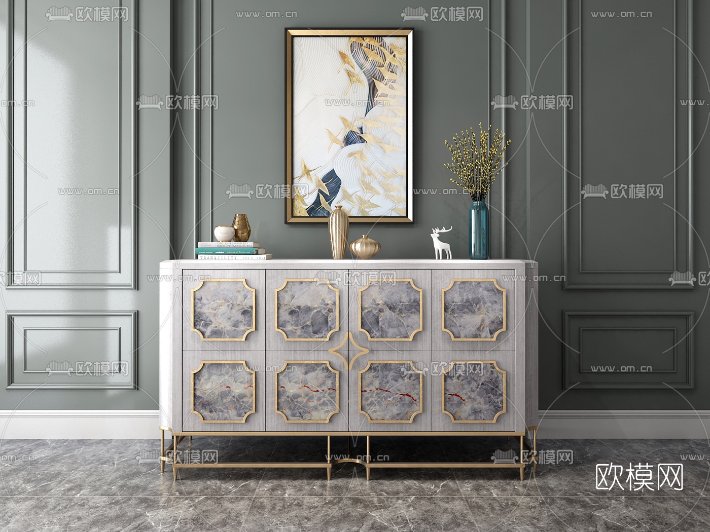 美式轻奢边柜3d模型下载（渲染图2）