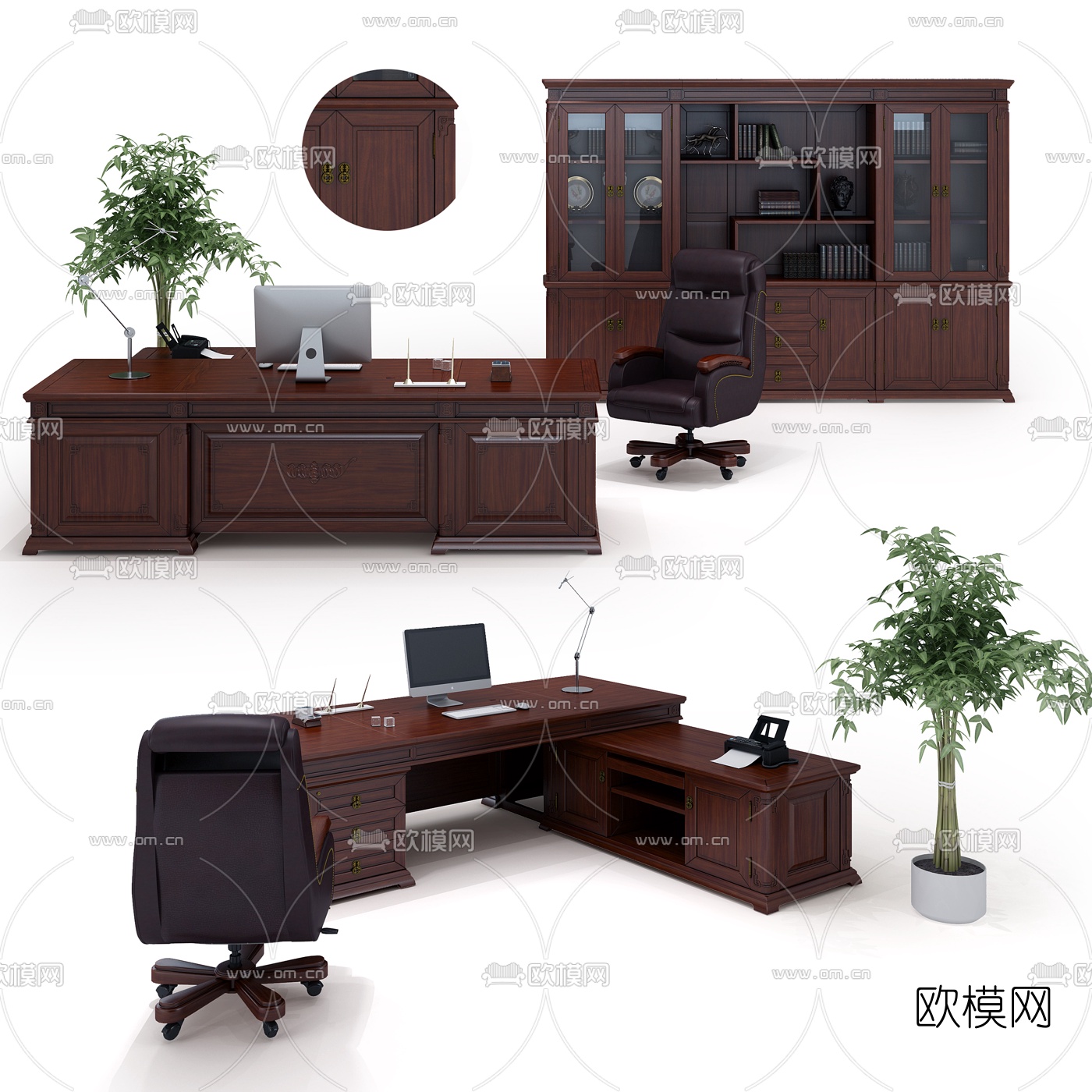 新中式大班台办公桌文件柜组合3d模型下载