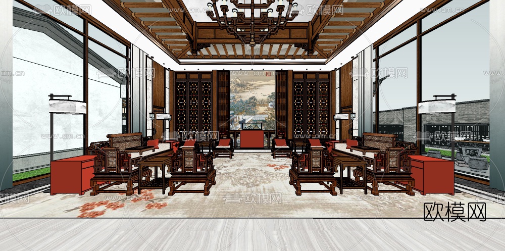 中式会所大堂su模型下载