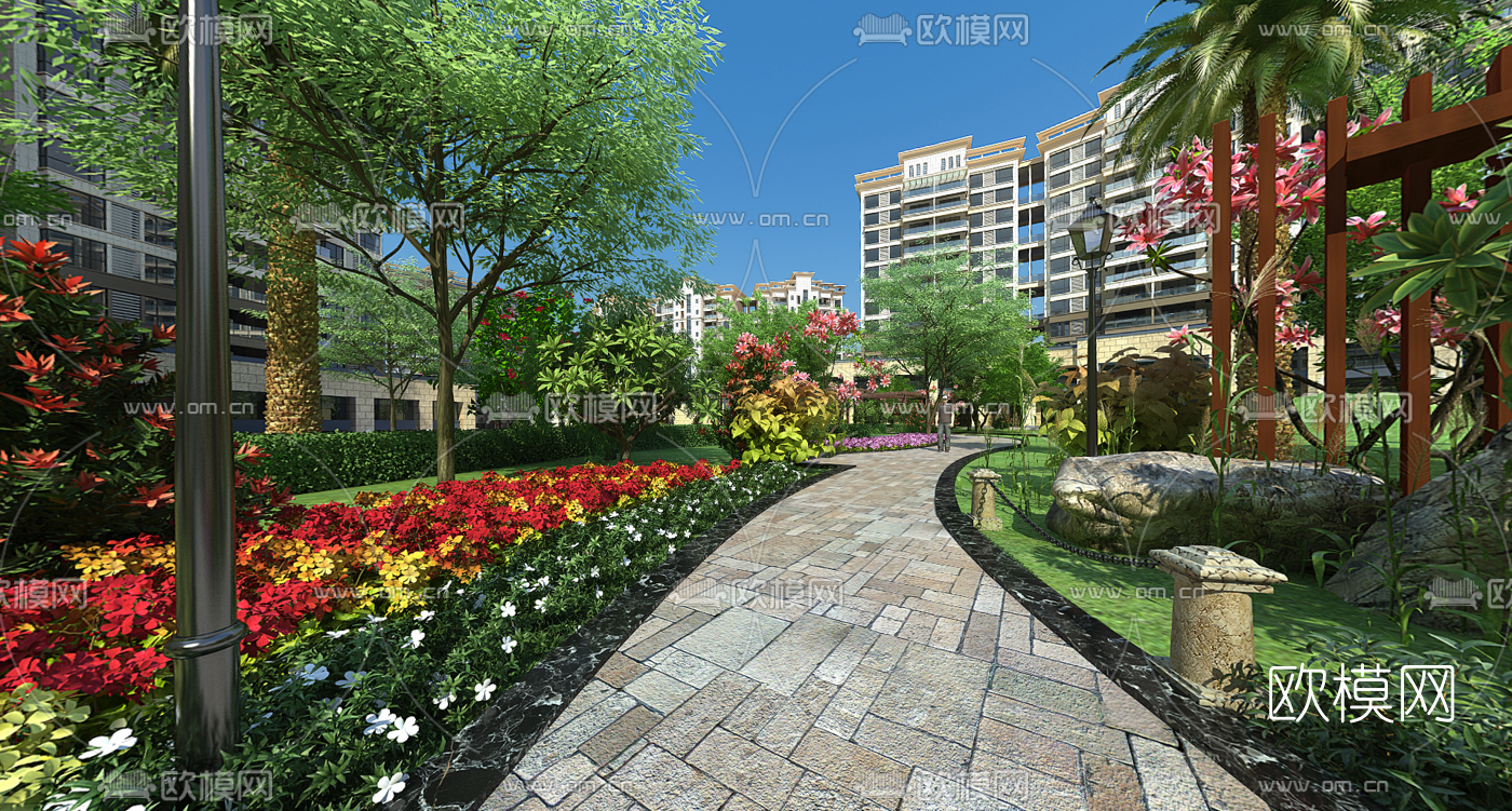 现代小区花园绿化景观全景3d模型