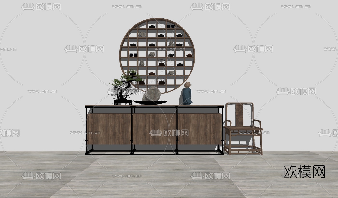 中式实木边柜圈椅su模型下载（渲染图2）