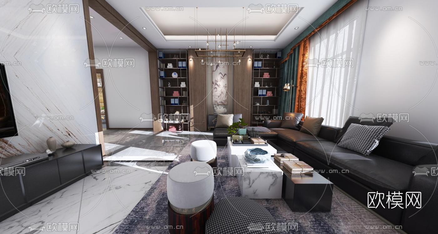 现代别墅客厅餐厅玄关过道3d模型