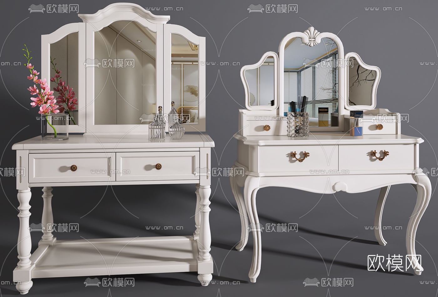 欧式实木梳妆台化妆品组合3D模型下载