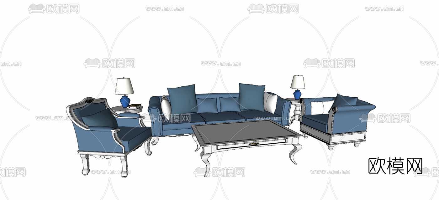 欧式布艺沙发组合su模型下载（渲染图4）