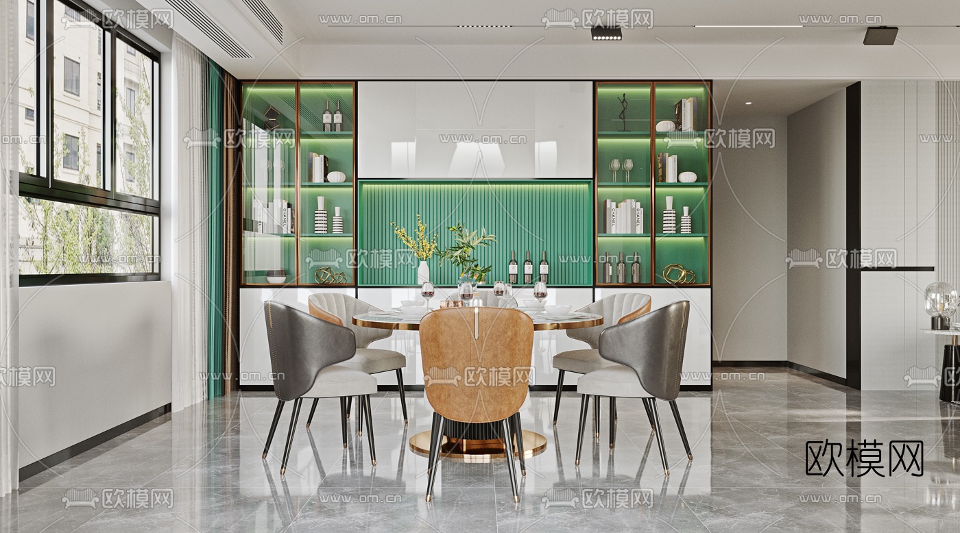 现代轻奢客厅餐厅3d模型下载（渲染图3）