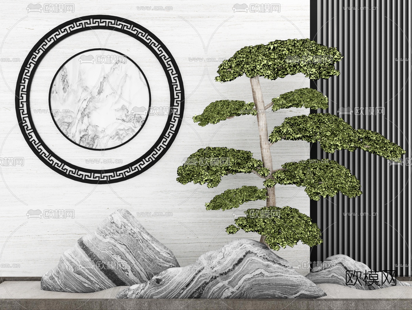 新中式假山松树景观小品3d模型