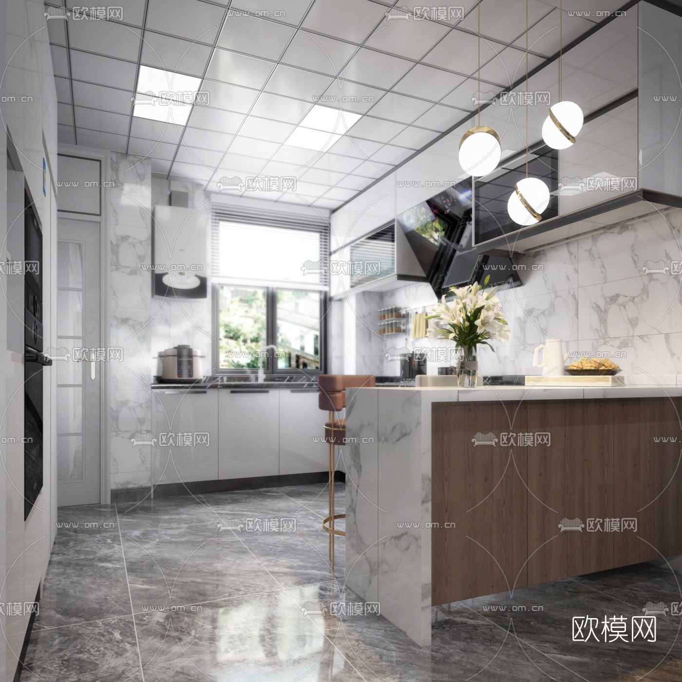 现代轻奢客厅餐厅厨房3d模型