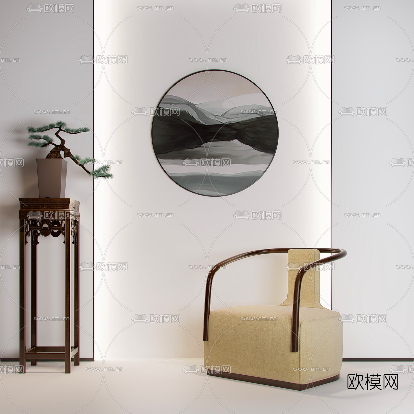 新中式布艺休闲沙发3d模型下载（渲染图1）